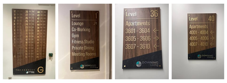 A collage of the different wayfinding signage around the apartments.